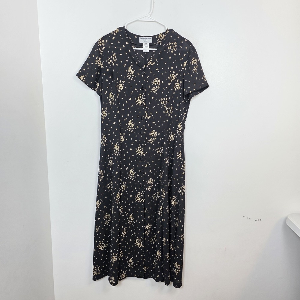 Vintage Black Yellow Floral Button Up Whimsygoth 90s Midi Dress Size 14 Petite